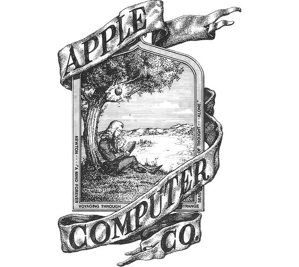 Apple logo from 1976. The first Apple logo, drawn by Ronald Wayne, depicts Isaac Newton under an apple tree.